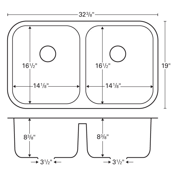 Edge 32-3/8" Seamless Undermount Double Equal Bowl Stainless Steel Kitchen Sink
