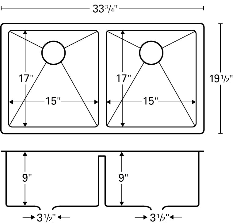 33-7/8" Seamless Undermount Double Equal Bowl Stainless Steel Kitchen Sink