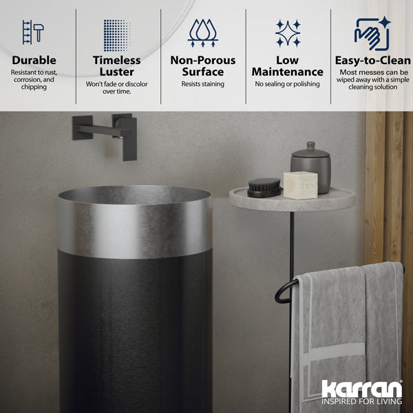 15" Pedestal Stainless Steel Bathroom Sink In Stainless Steel & Gunmetal Grey