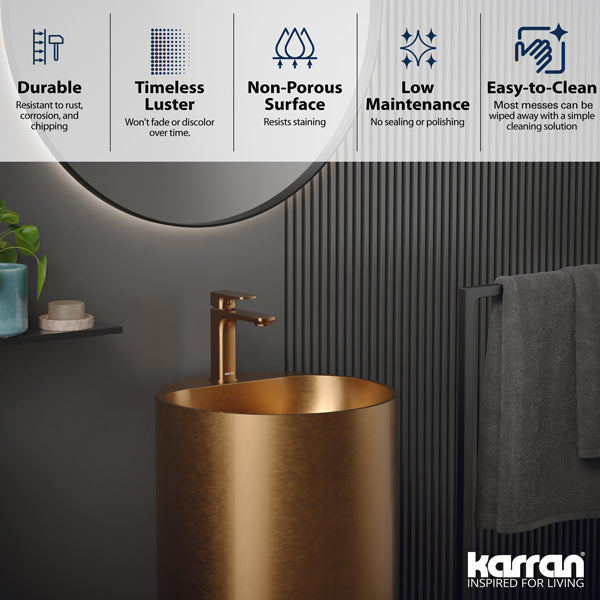 16-1/2" Pedestal Stainless Steel Bathroom Sink In Brushed Copper