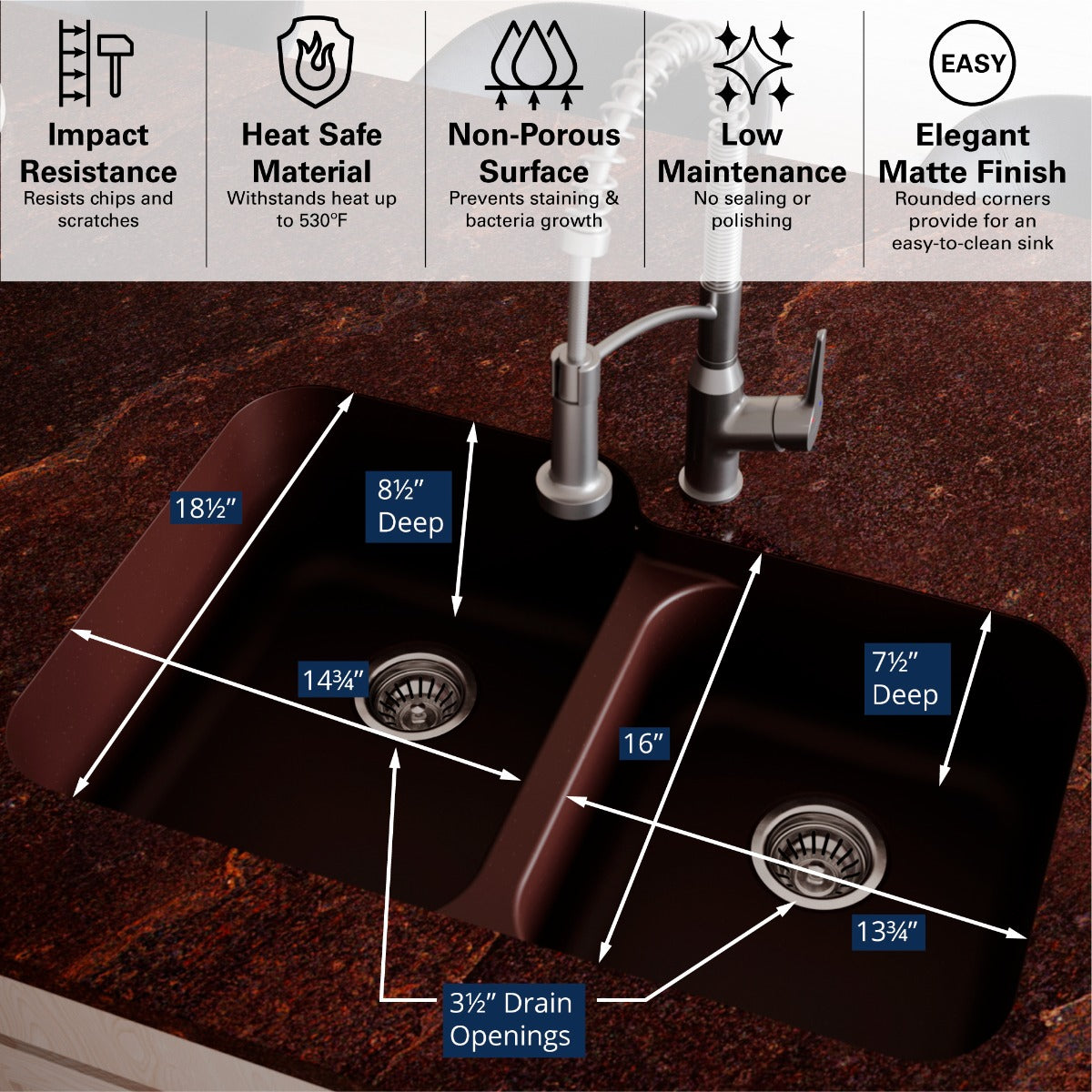 32-3/8" Seamless Undermount Double Offset Bowl Quartz Composite Kitchen Sink In Brown