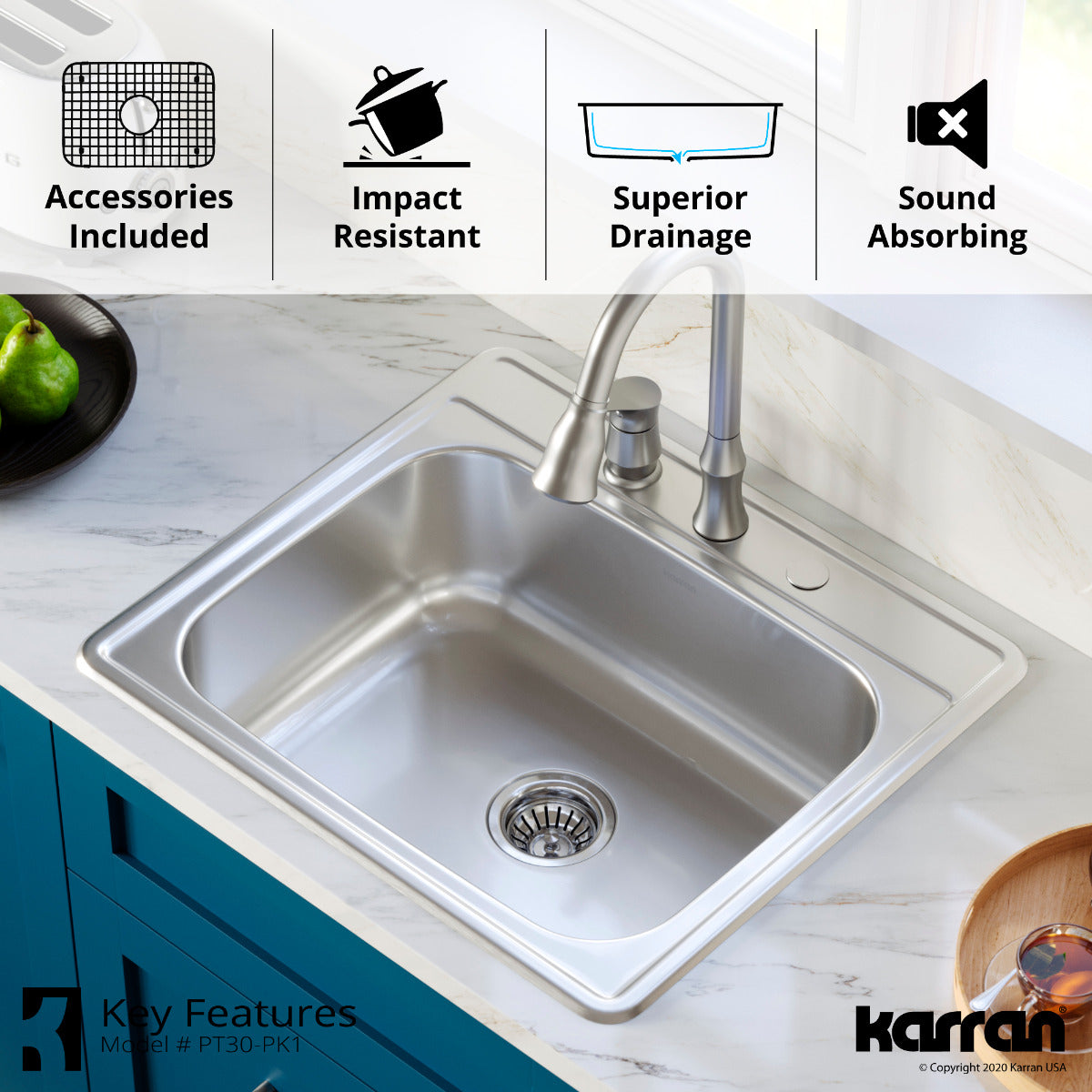 Profile 25" Top Mount 18 Gauge Single Bowl Stainless Steel Kitchen Sink with Accessories