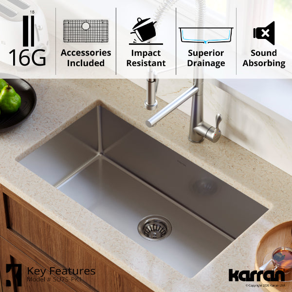 Select 32" Undermount 16 Gauge Single Bowl Stainless Steel Kitchen Sink with Accessories