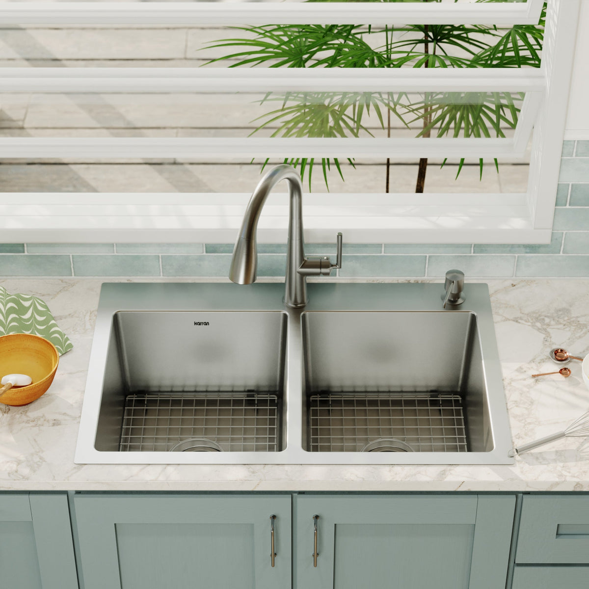 33" Top Mount Double Equal Bowl Stainless Steel Kitchen Sink Kit