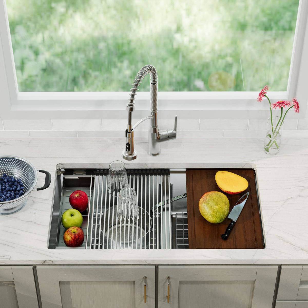 Elite 32" Undermount Workstation 16 Gauge Double Bowl Stainless Steel Kitchen Sink with Scottsdale Pull-Down Faucet