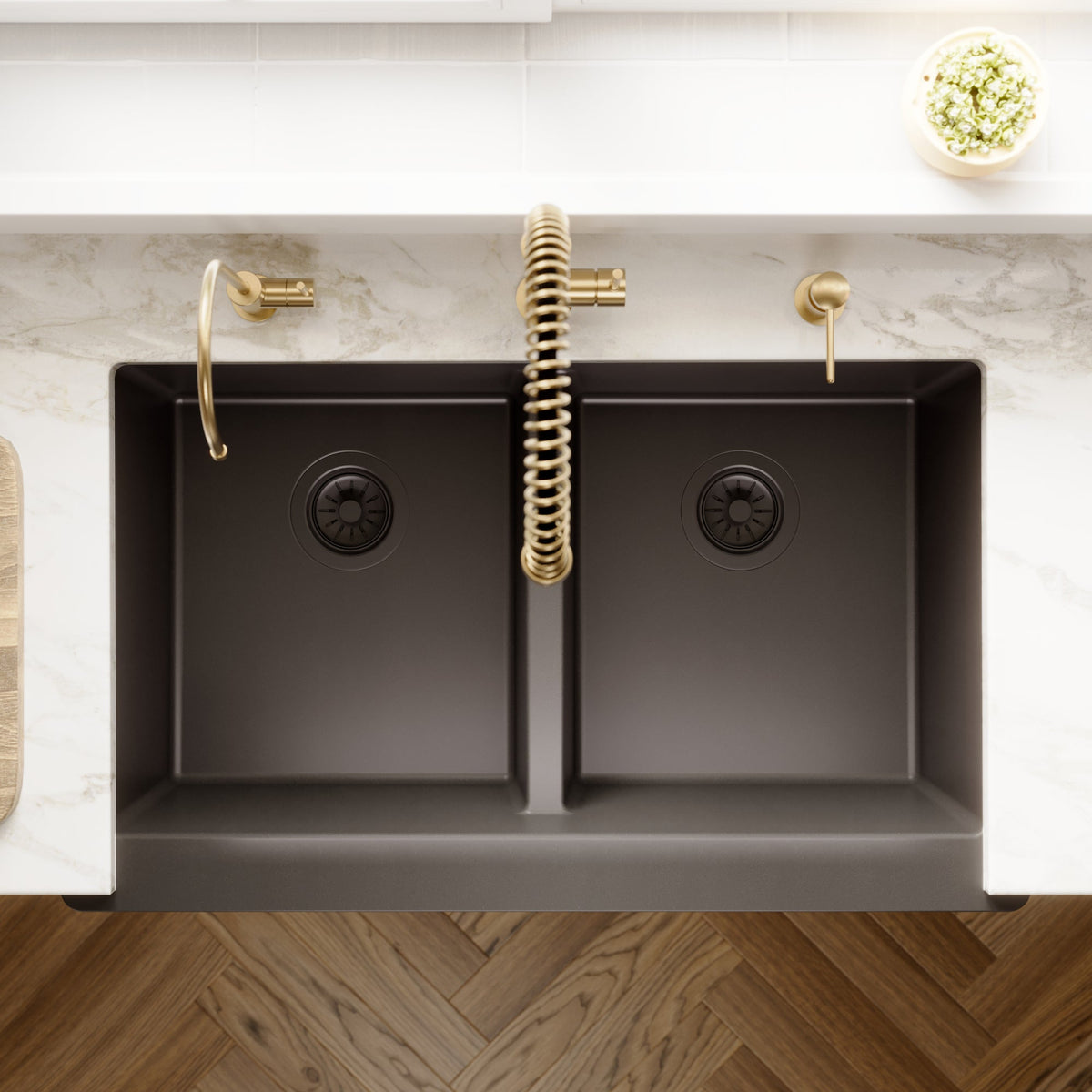 34" Farmhouse Double Equal Bowl Quartz Composite Kitchen Sink In Black