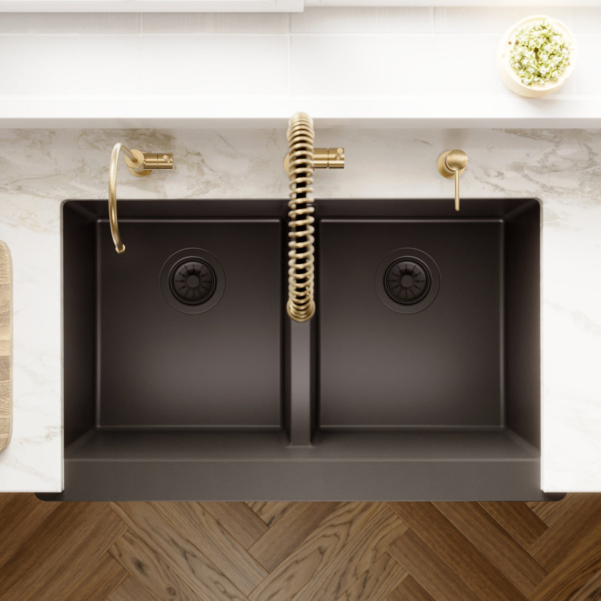 34" Retrofit Farmhouse Double Equal Bowl Quartz Composite Kitchen Sink In Black