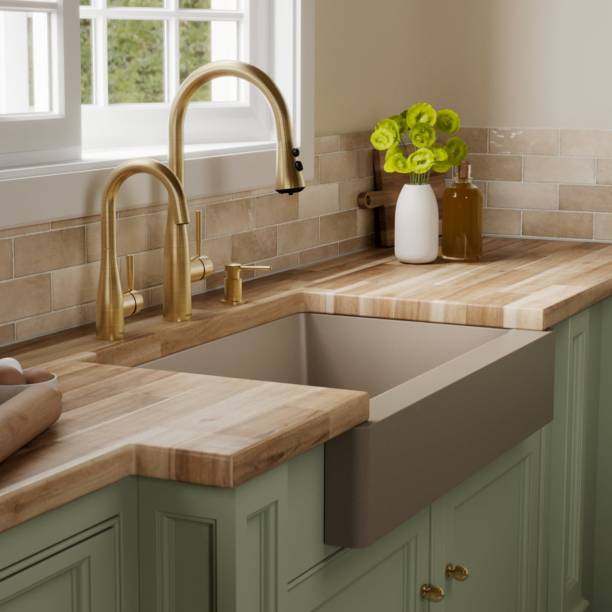 34" Retrofit Farmhouse Double Offset Bowl Quartz Composite Kitchen Sink In Concrete