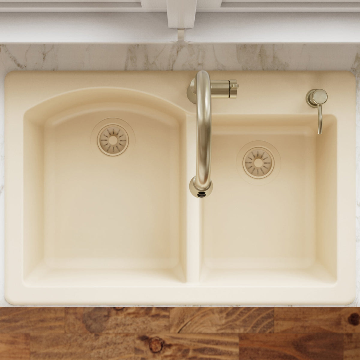 33" Top Mount Double Offset Bowl Quartz Composite Kitchen Sink In Bisque