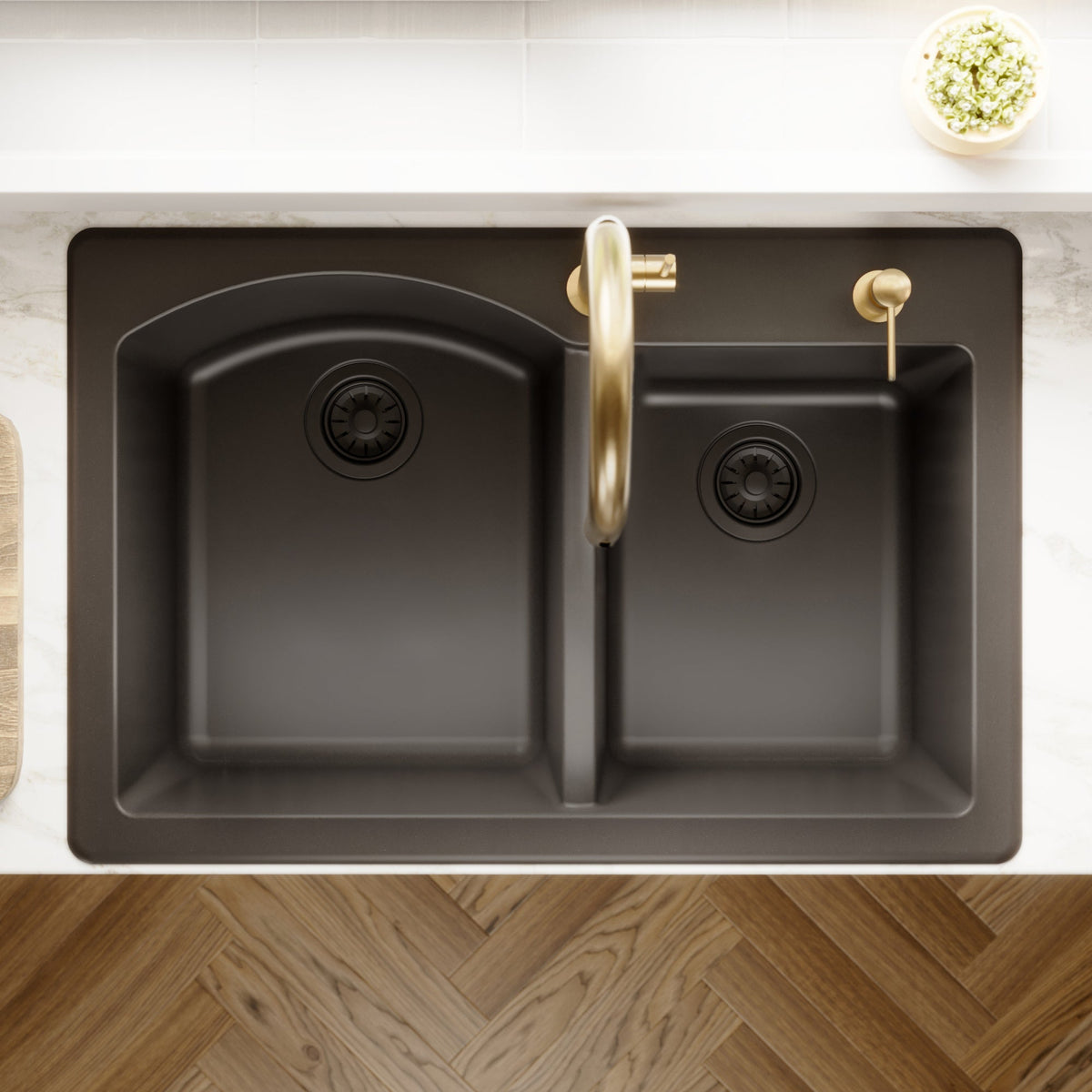 33" Top Mount Double Offset Bowl Quartz Composite Kitchen Sink In Black