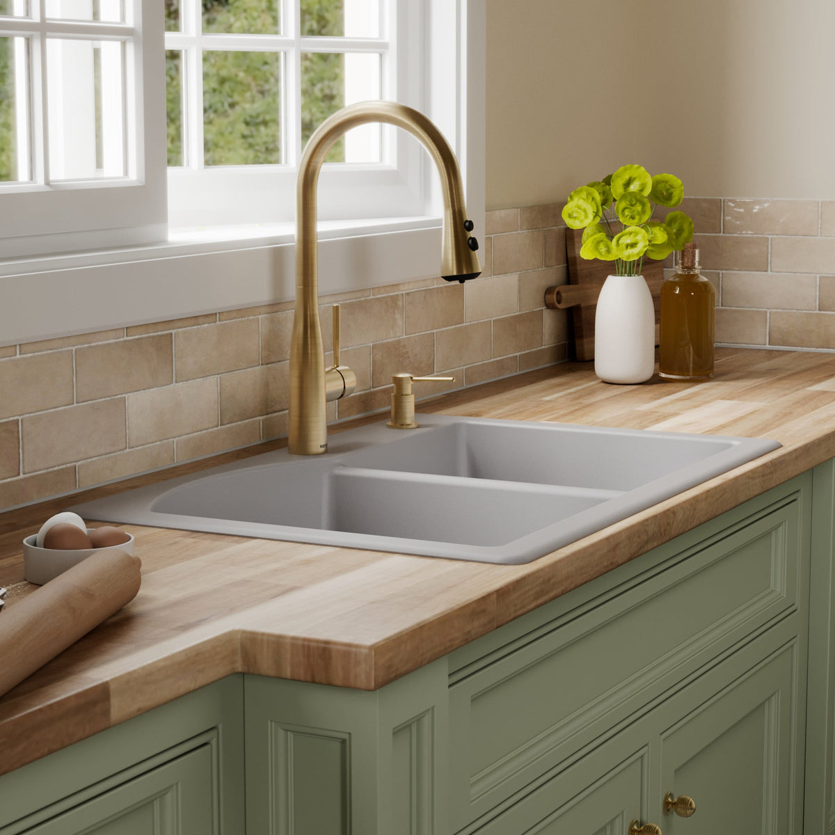 33" Top Mount Double Offset Bowl Quartz Composite Kitchen Sink In Grey