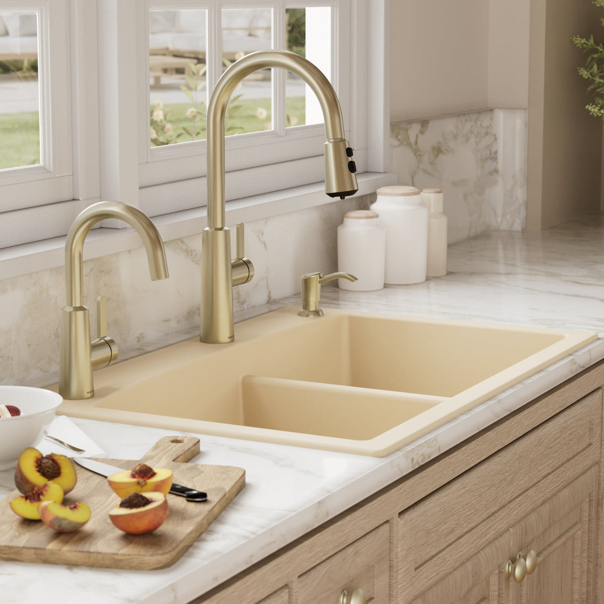 33" Top Mount Double Offset Bowl Quartz Composite Kitchen Sink In Bisque