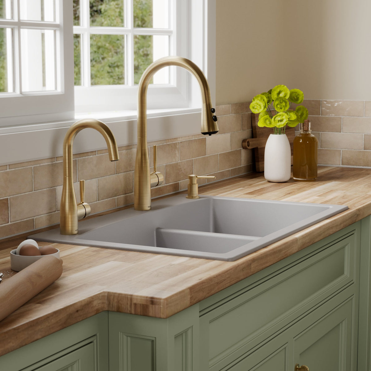 33" Top Mount Double Offset Bowl Quartz Composite Kitchen Sink In Grey