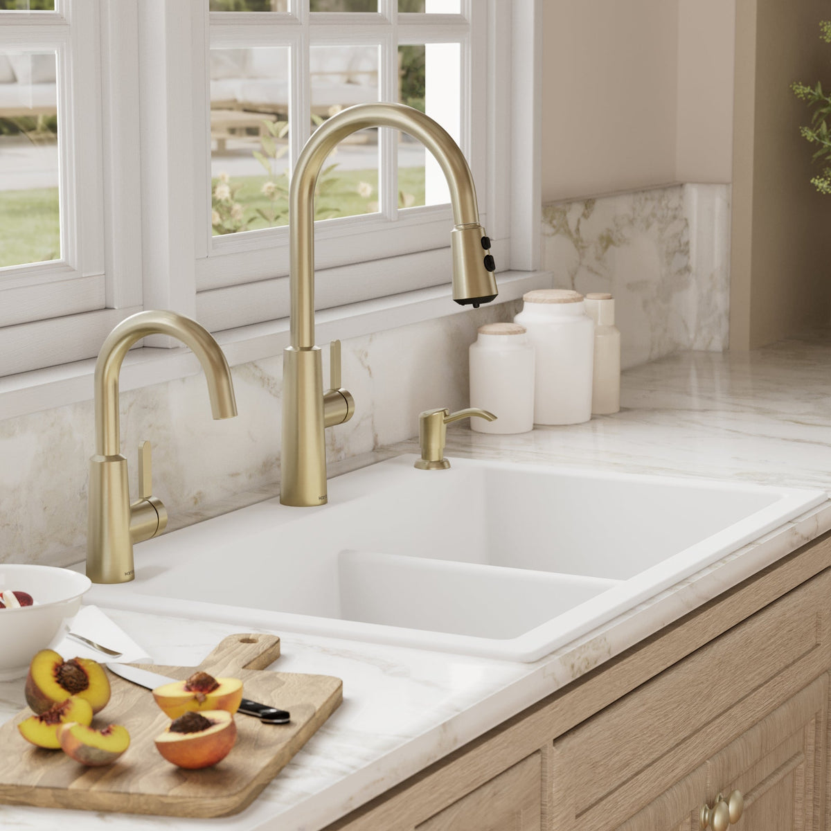 33" Top Mount Double Offset Bowl Quartz Composite Kitchen Sink In White