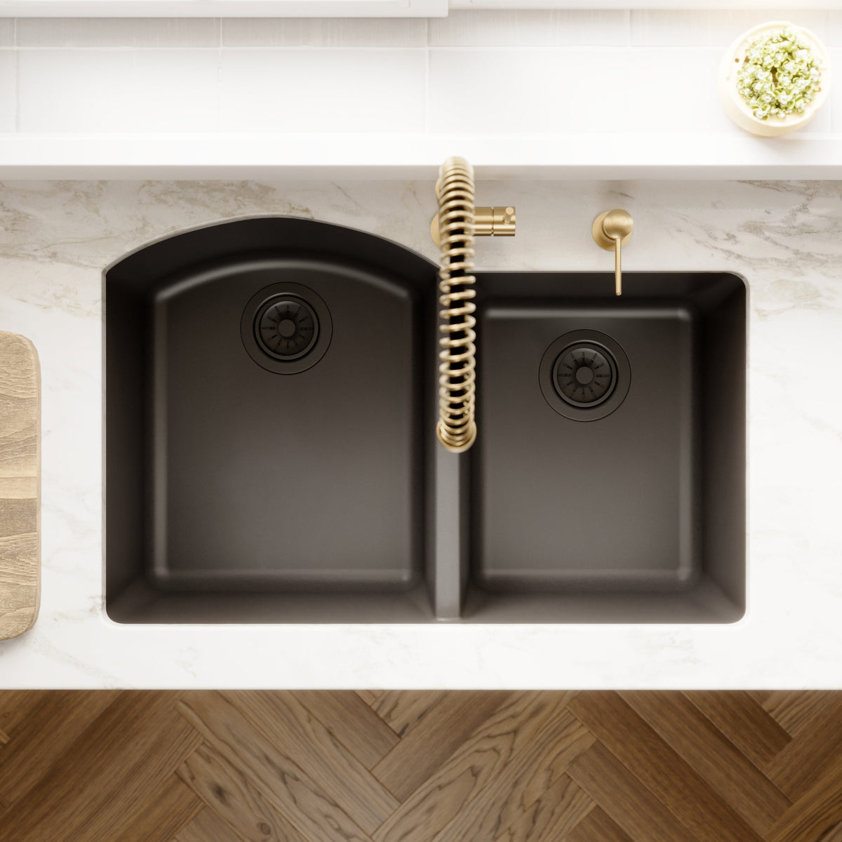 32-1/4" Undermount Double Offset Bowl Quartz Composite Kitchen Sink In Black