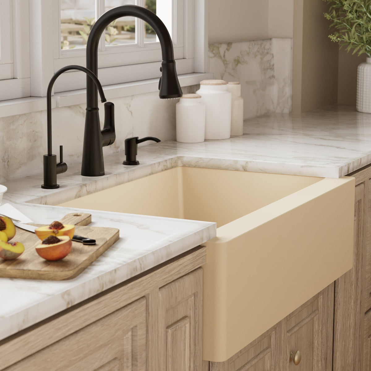 Farmhouse/Apron-Front Quartz Composite 34" Single Bowl Kitchen Sink Kit In Bisque