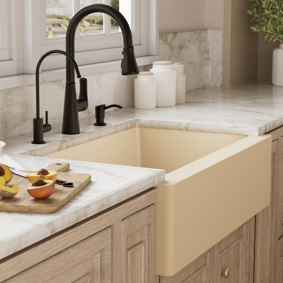 34" Farmhouse Double Equal Bowl Quartz Composite Kitchen Sink Kit In Bisque