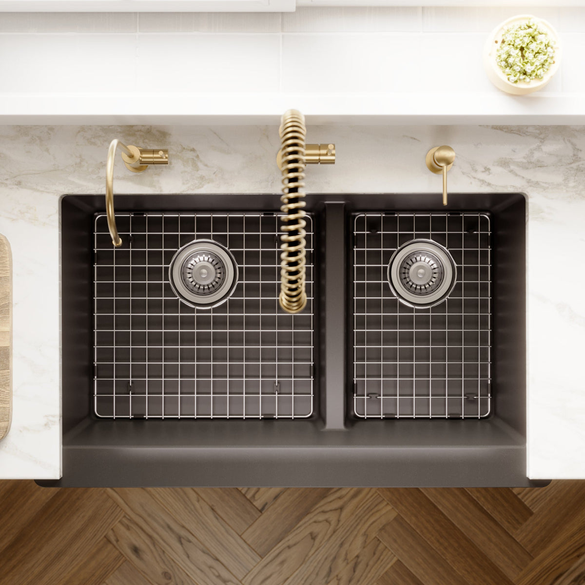 34" Farmhouse Double Offset Bowl Quartz Composite Kitchen Sink Kit In Black