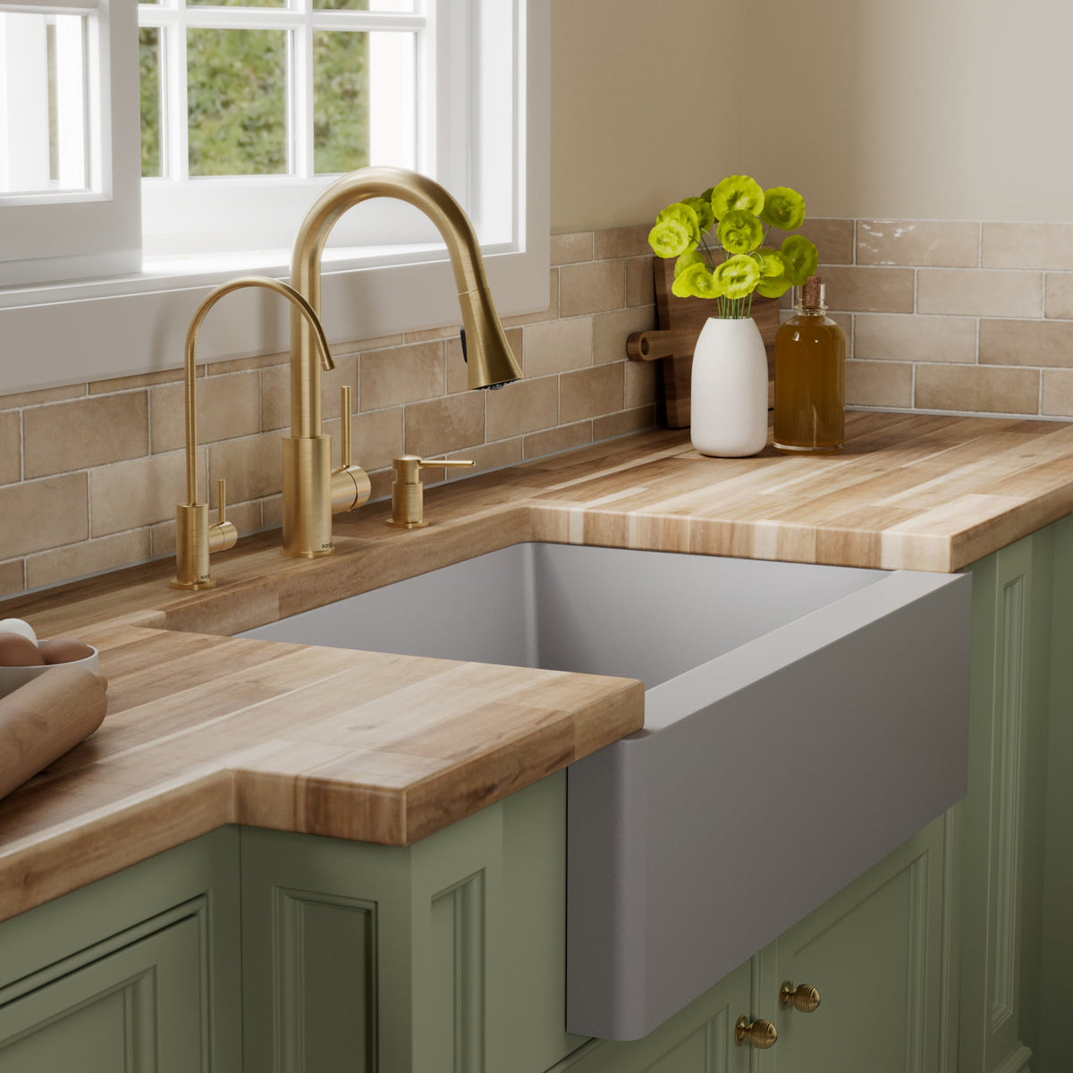 34" Farmhouse Double Offset Bowl Quartz Composite Kitchen Sink Kit In Grey