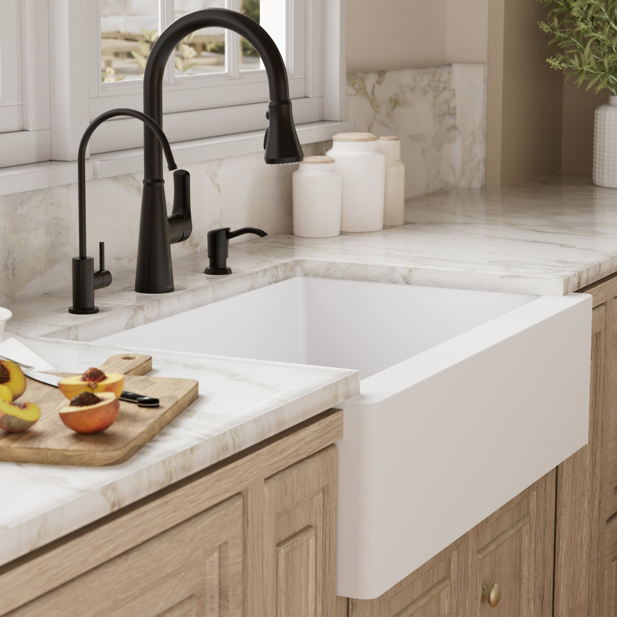 34" Farmhouse Double Offset Bowl Quartz Composite Kitchen Sink Kit In White