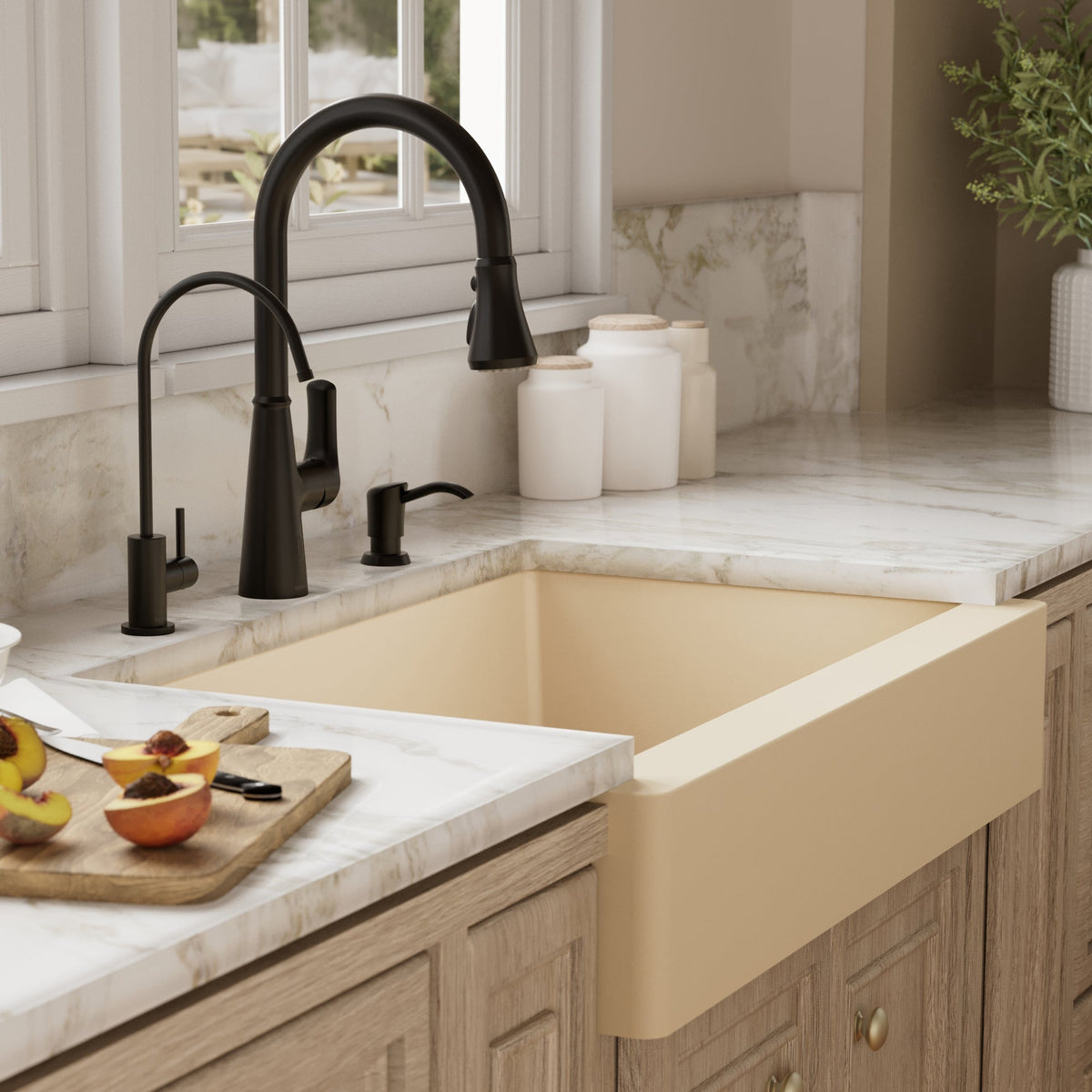 34"" Retrofit Farmhouse Large Single Bowl Quartz Composite Kitchen Sink Kit In Bisque