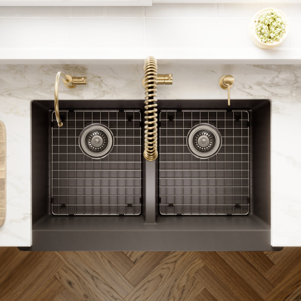 34" Retrofit Farmhouse Double Equal Bowl Quartz Composite Kitchen Sink Kit In Black