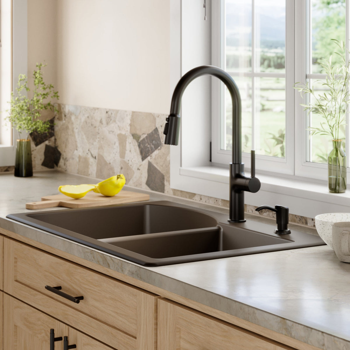 33" Top Mount Double Offset Bowl Quartz Composite Kitchen Sink Kit In Brown