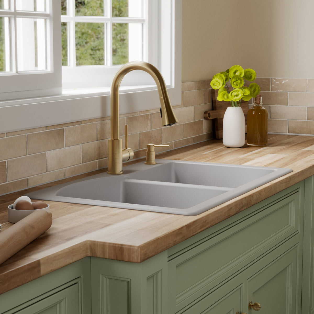 33" Top Mount Double Offset Bowl Quartz Composite Kitchen Sink Kit In Grey