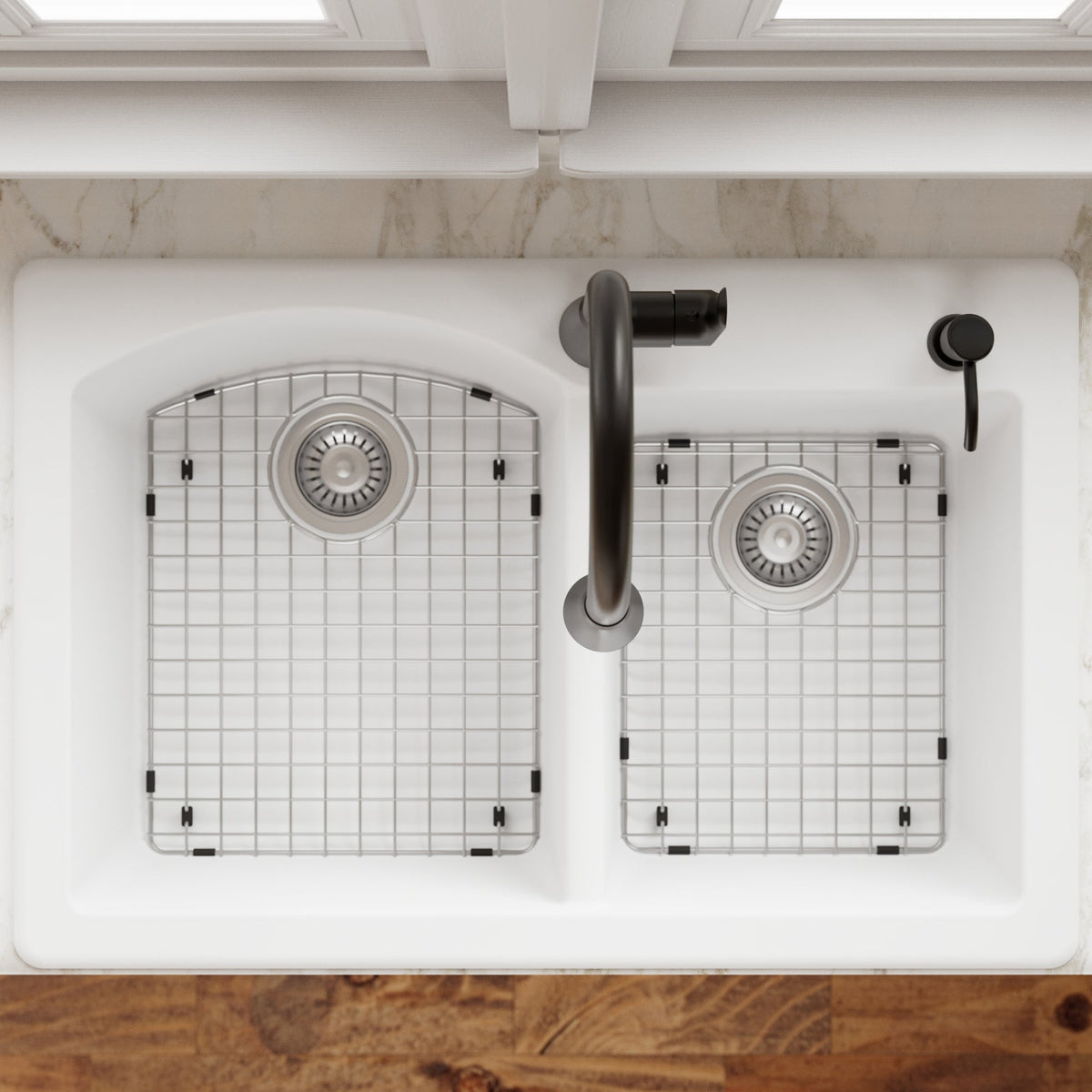 33" Top Mount Double Offset Bowl Quartz Composite Kitchen Sink Kit In White