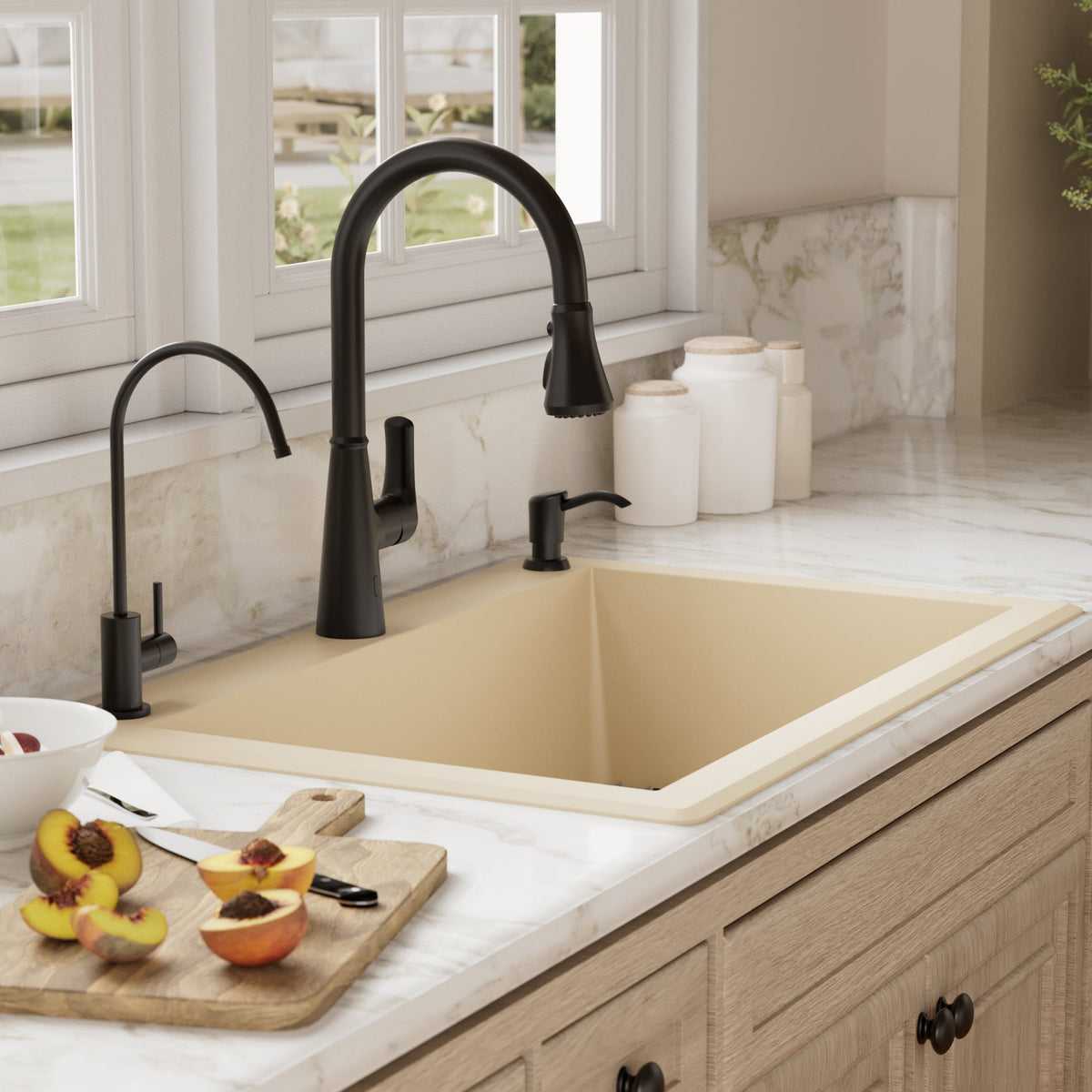 33" Top Mount Large Single Bowl Quartz Composite Kitchen Sink Kit In Bisque