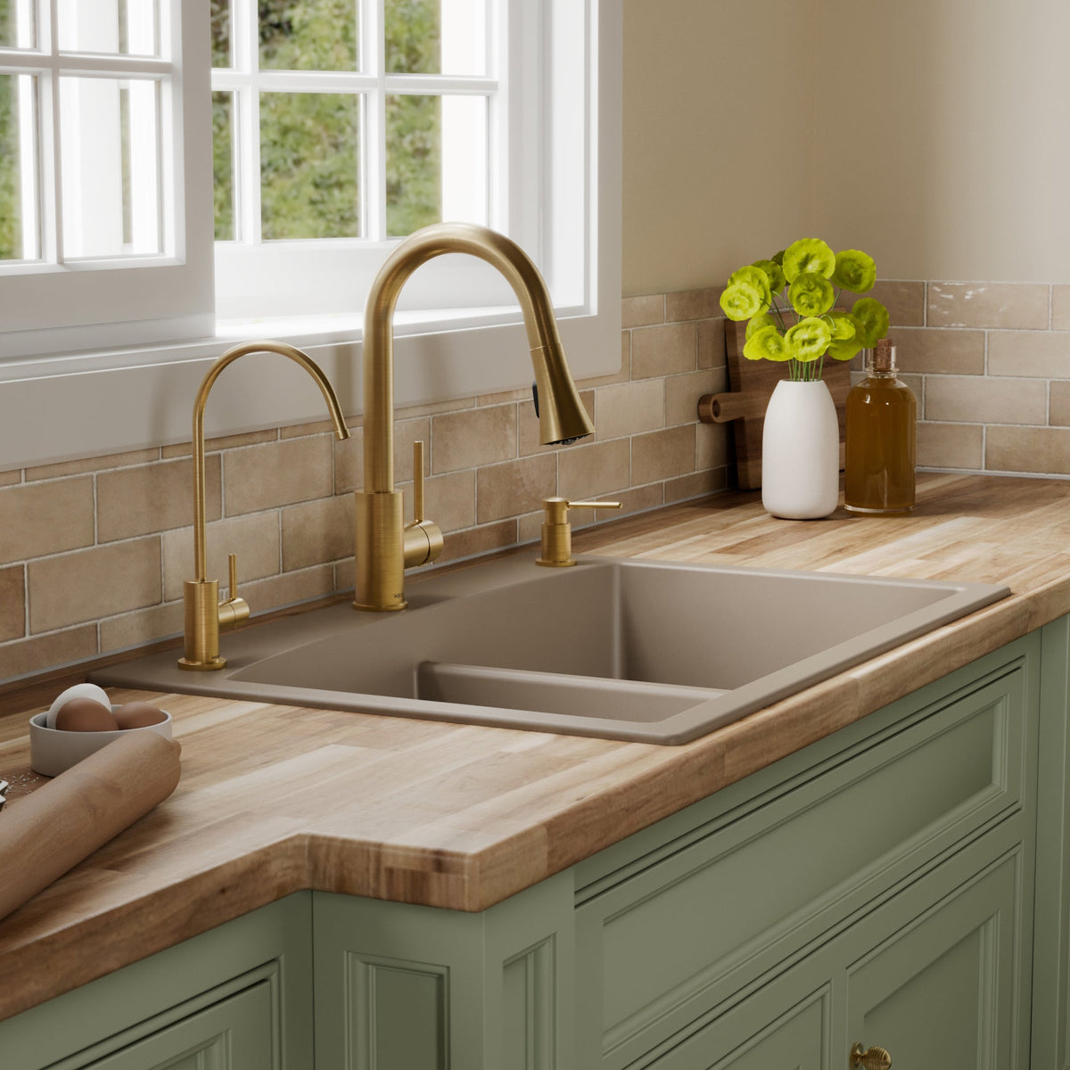 33" Top Mount Double Equal Bowl Quartz Composite Kitchen Sink Kit In Concrete