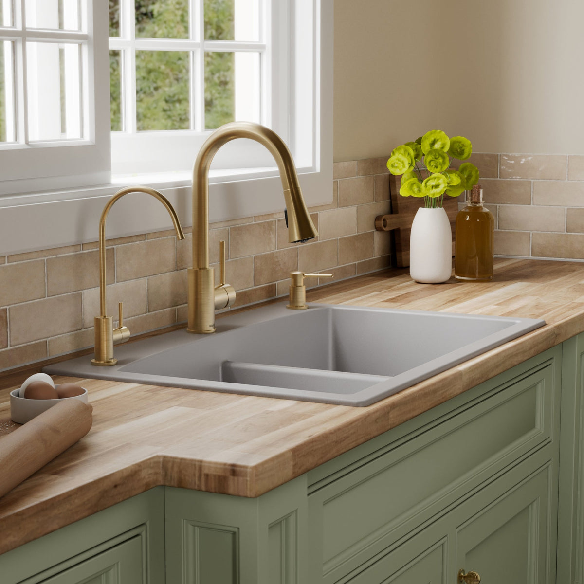 33" Top Mount Double Equal Bowl Quartz Composite Kitchen Sink Kit In Grey