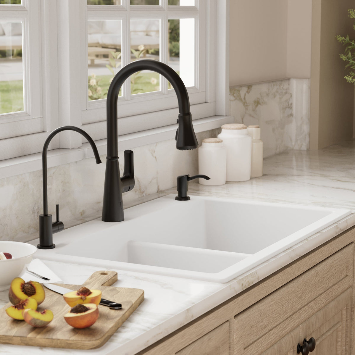 33" Top Mount Double Equal Bowl Quartz Composite Kitchen Sink Kit In White