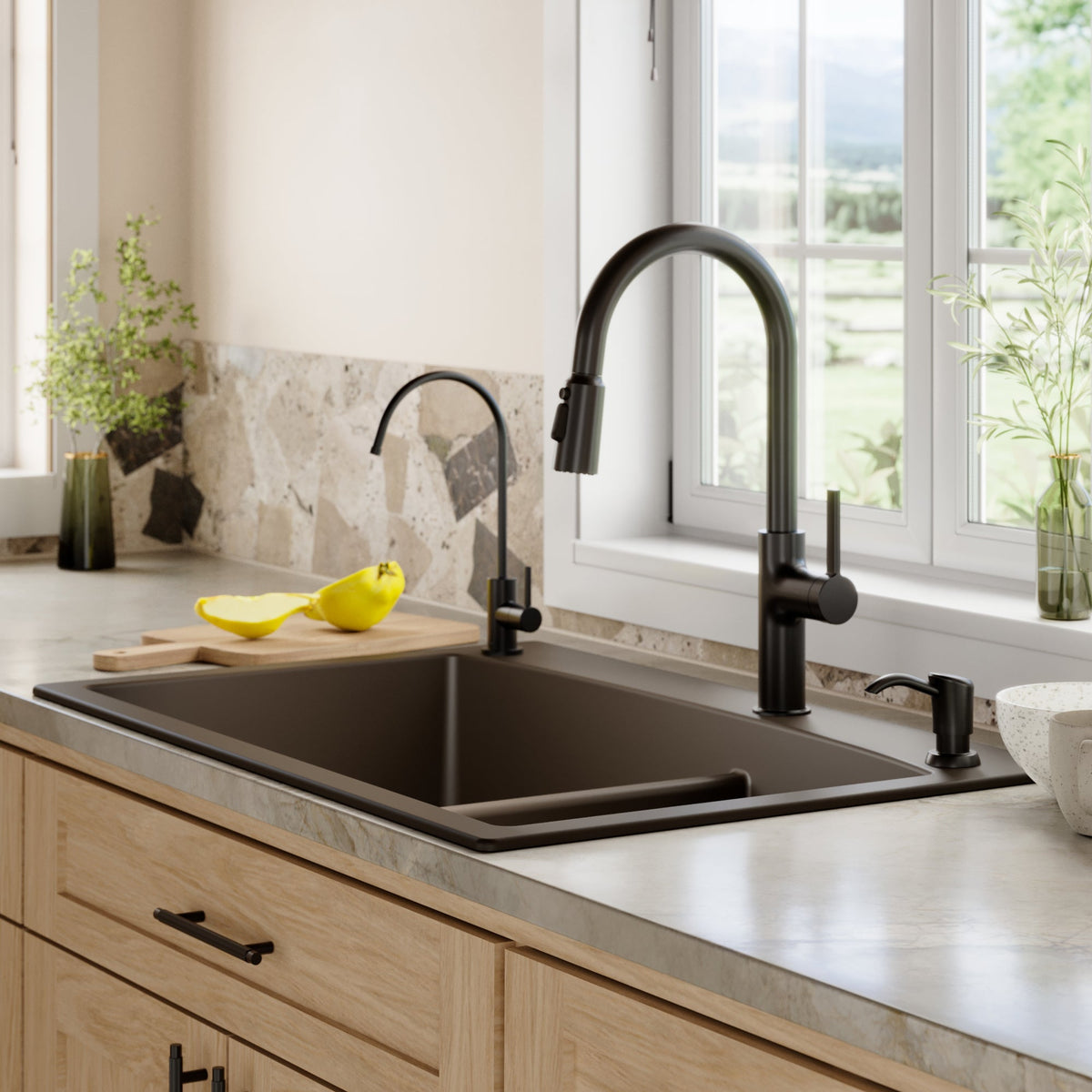 33" Top MountDouble Offset Bowl Quartz Composite Kitchen Sink Kit In Brown