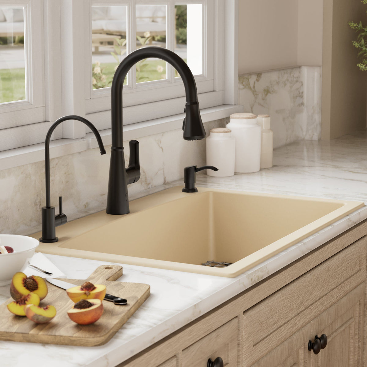 33" Top Mount Large Single Bowl Quartz Composite Kitchen Sink Kit In Bisque