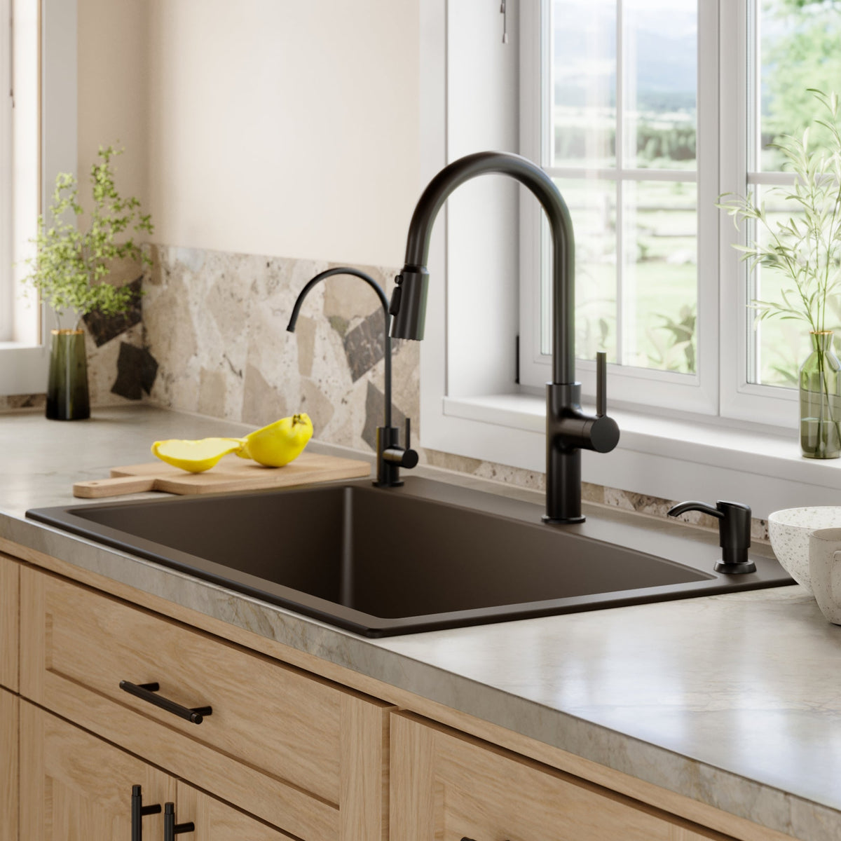 33" Top Mount Large Single Bowl Quartz Composite Kitchen Sink Kit In Brown