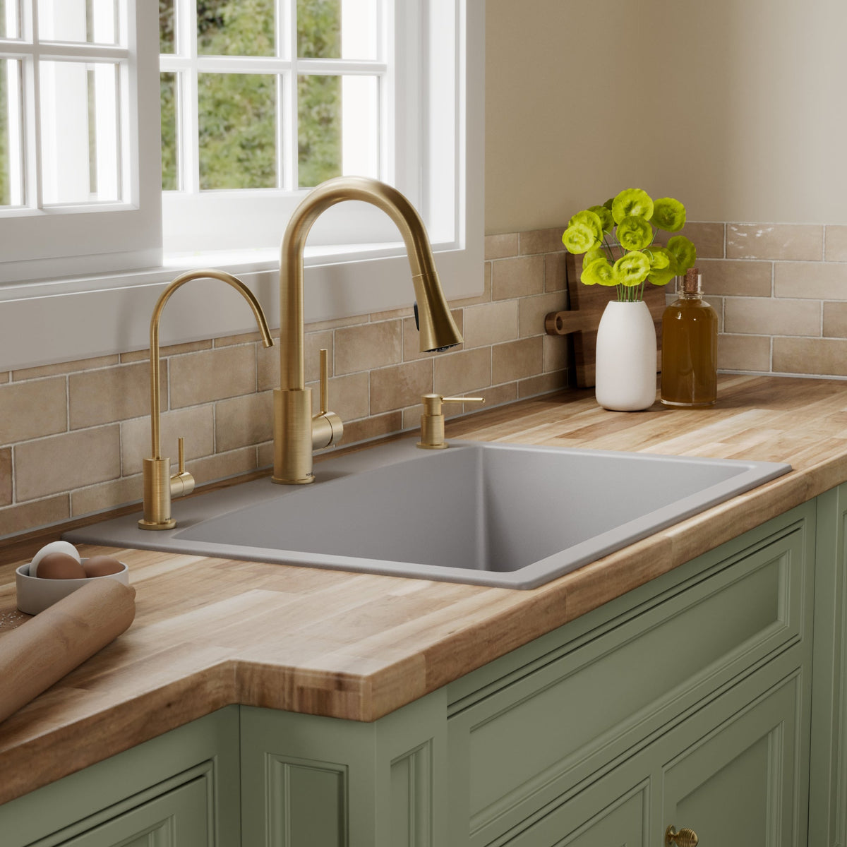 33" Top Mount Large Single Bowl Quartz Composite Kitchen Sink Kit Grey