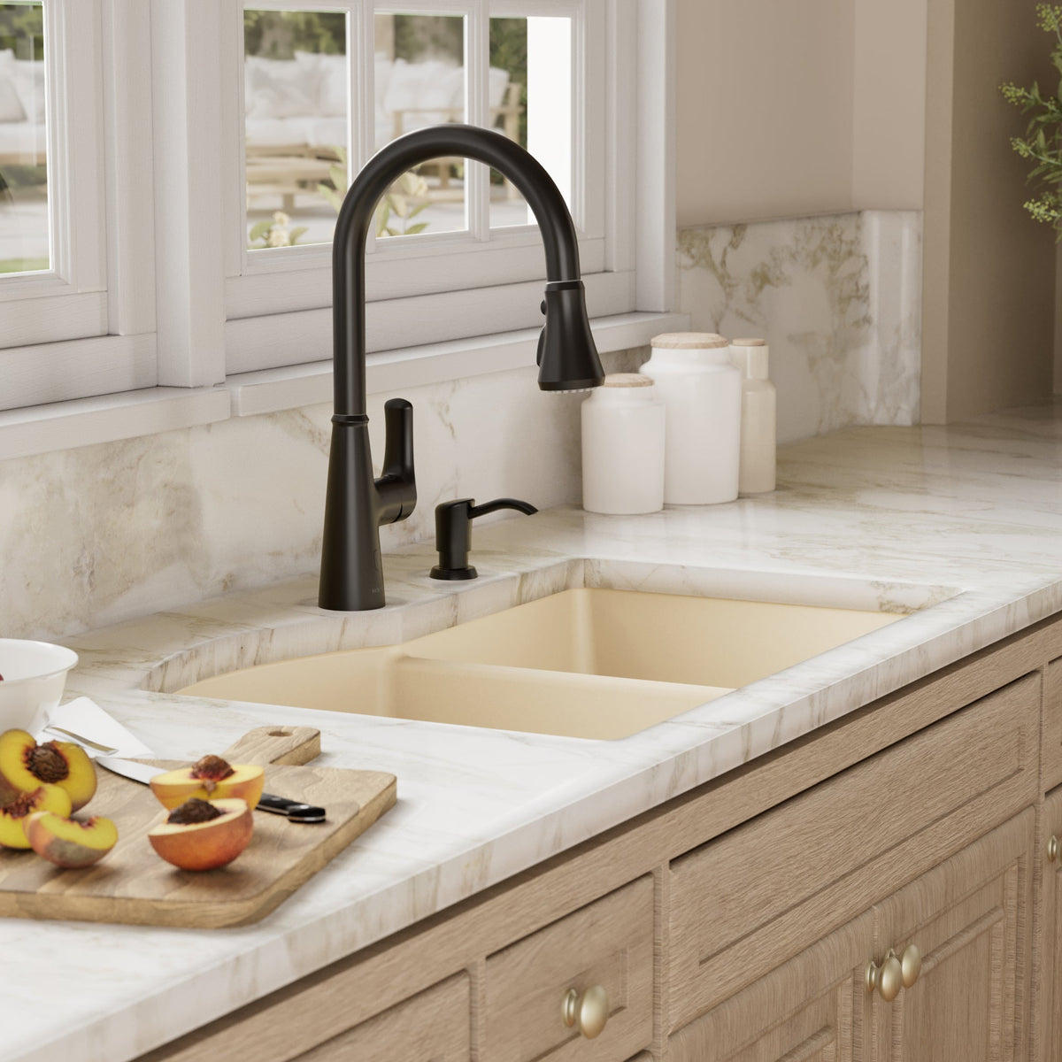 32-1/4" Undermount Double Offset Bowl Quartz Composite Kitchen Sink Kit In Bisque