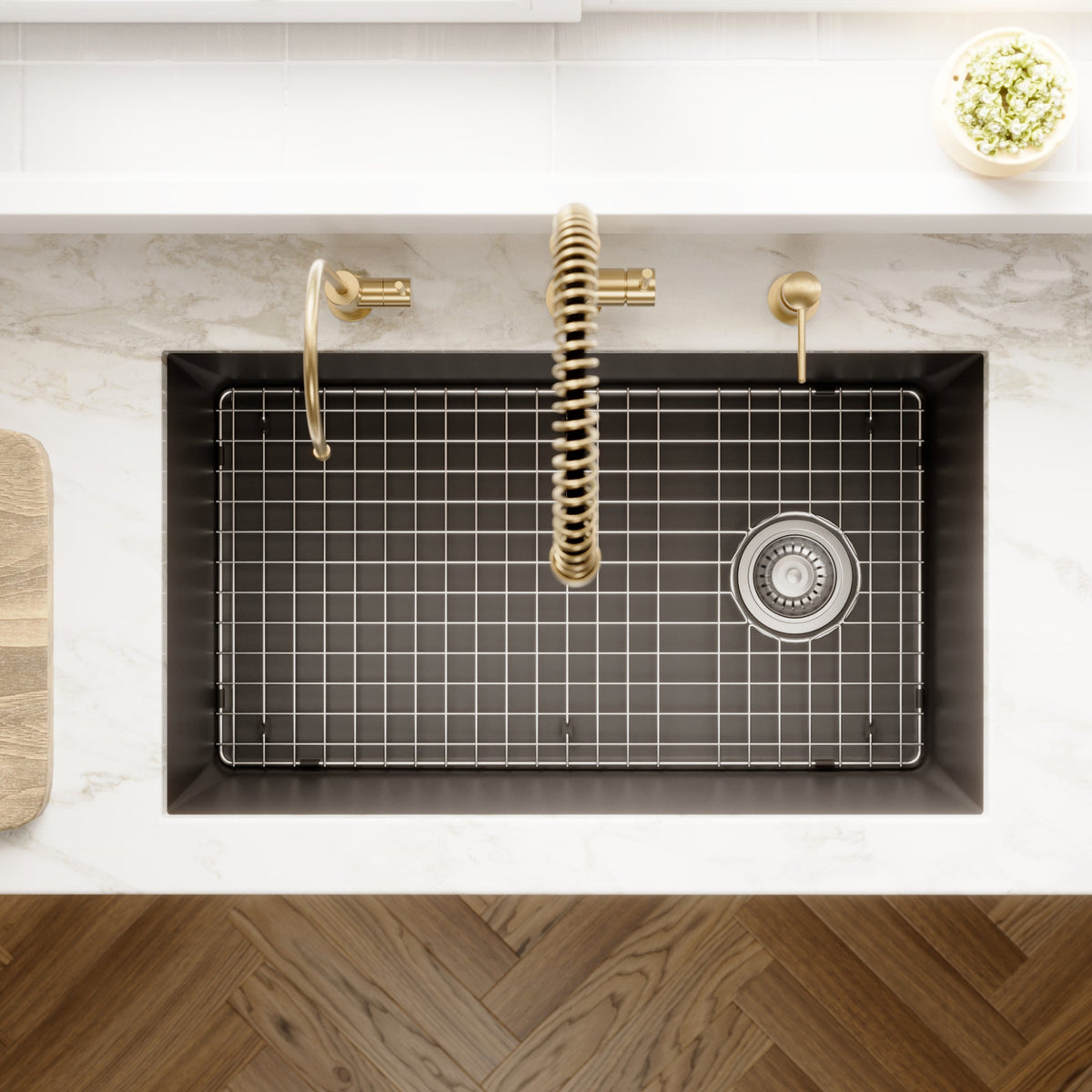 31-5/8" Undermount Large Single Bowl Quartz Composite Kitchen Sink Kit In Black