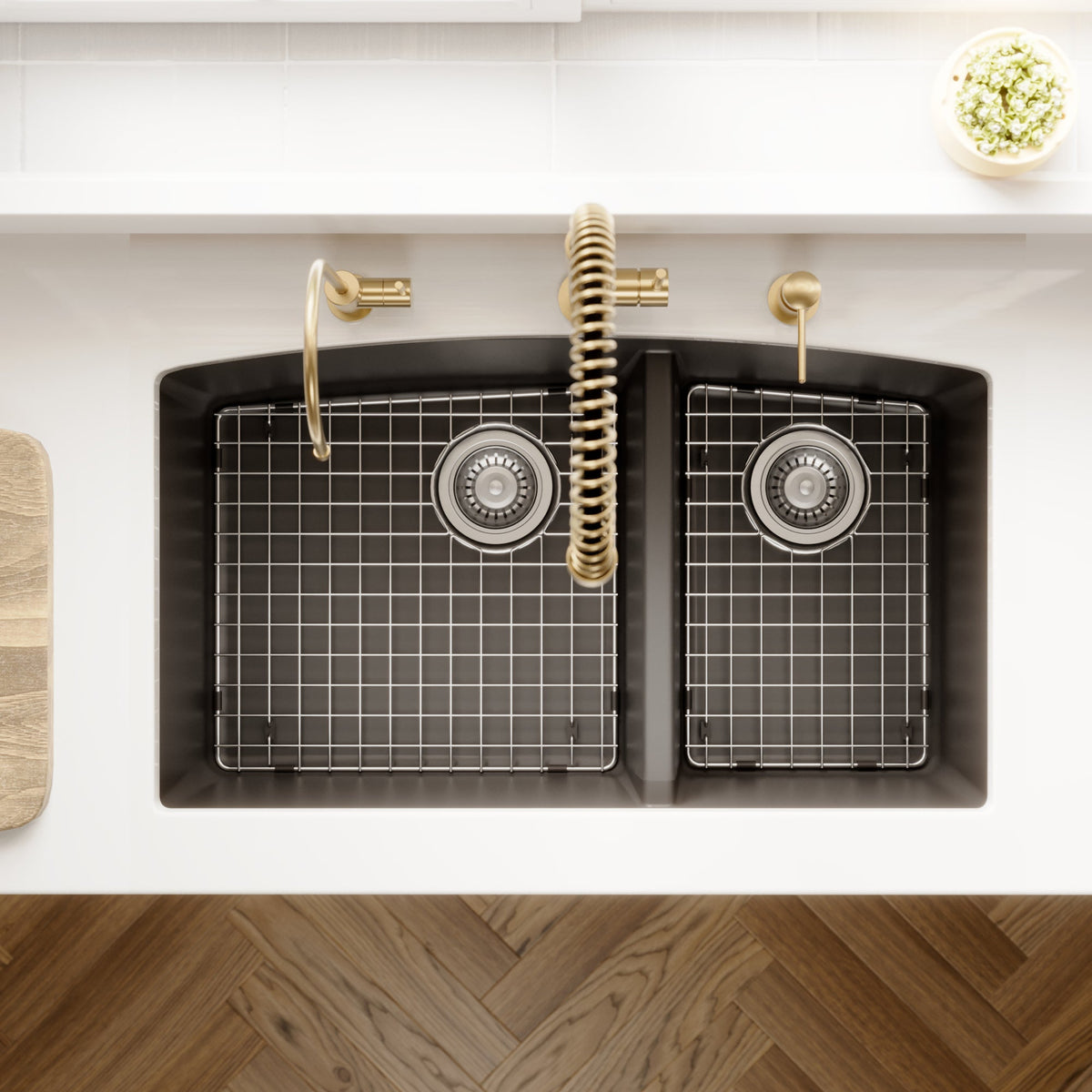 32-1/2" Undermount Double Offset Bowl Quartz Composite Kitchen Sink Kit In Black
