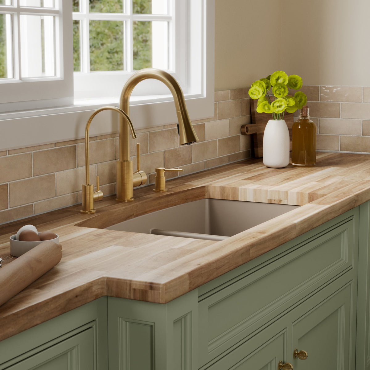 32-1/2" Undermount Double Offset Bowl Quartz Composite Kitchen Sink Kit In Concrete