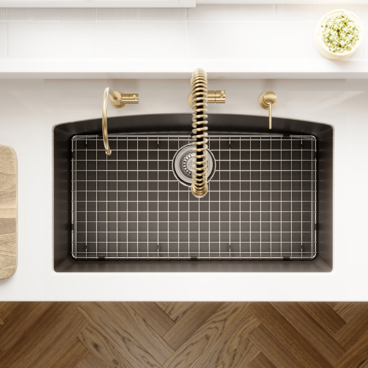 32-1/2" Undermount Large Single Bowl Quartz Composite Kitchen Sink Kit In Black