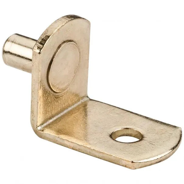 5 mm Pin Angled Shelf Support with 3/4" Arm and Hole for 1/8" Fasteners - Priced and Sold by the Thousand - Polished Brass