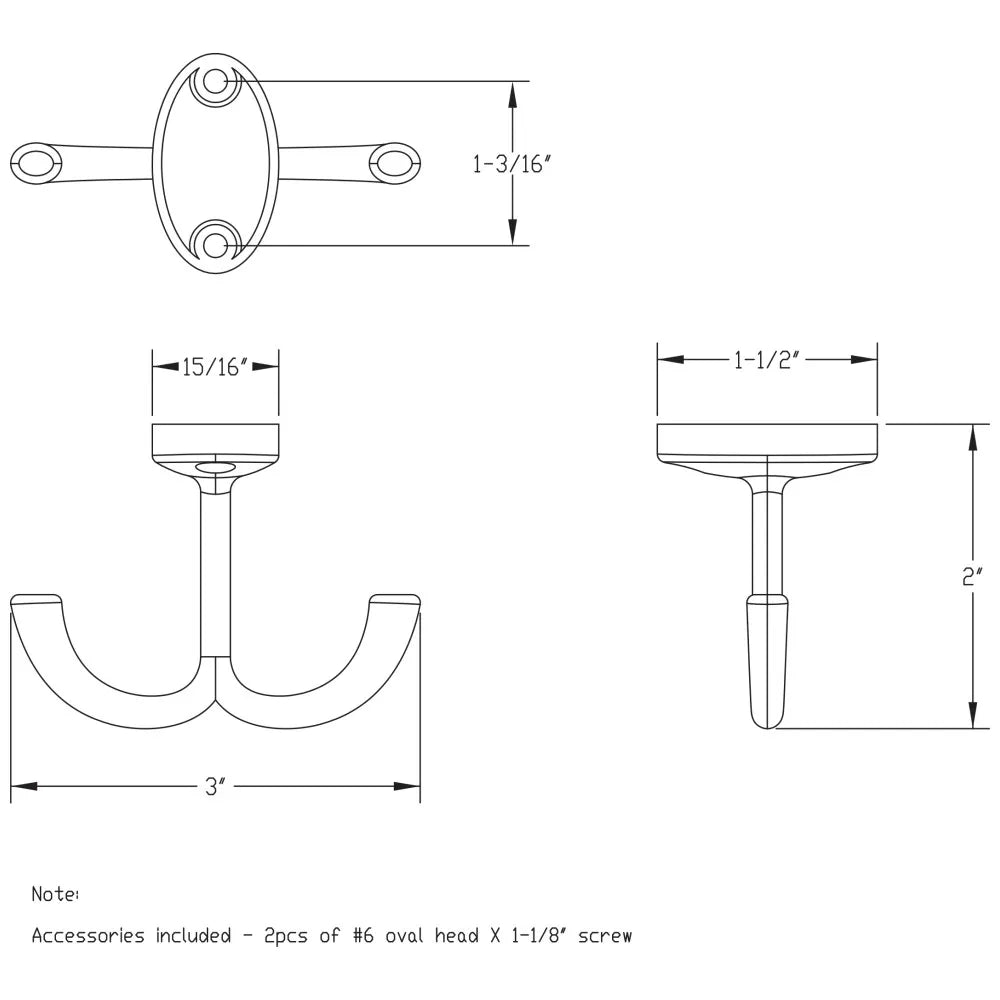 1-9/16" Satin Nickel Double Prong Ceiling Mounted Hook