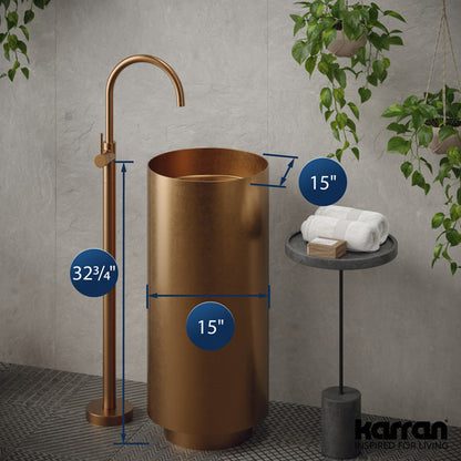 15" Pedestal Stainless Steel Bathroom Sink In Brushed Copper
