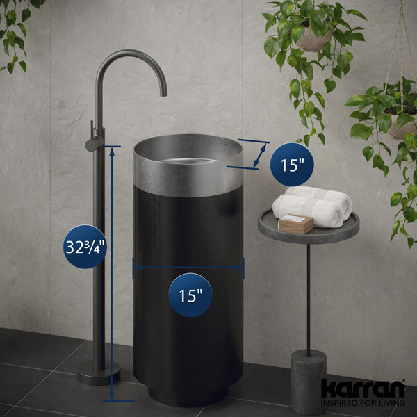 15" Pedestal Stainless Steel Bathroom Sink In Stainless Steel & Gunmetal Grey