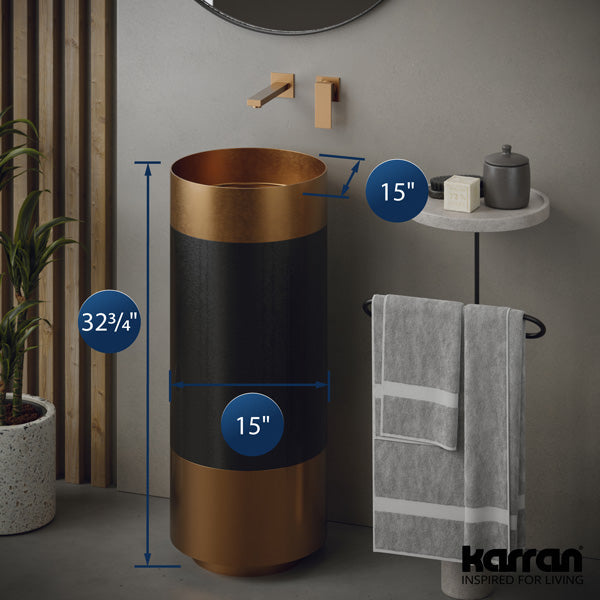 15" Pedestal Stainless Steel Bathroom Sink In Brushed Copper & Gunmetal Grey