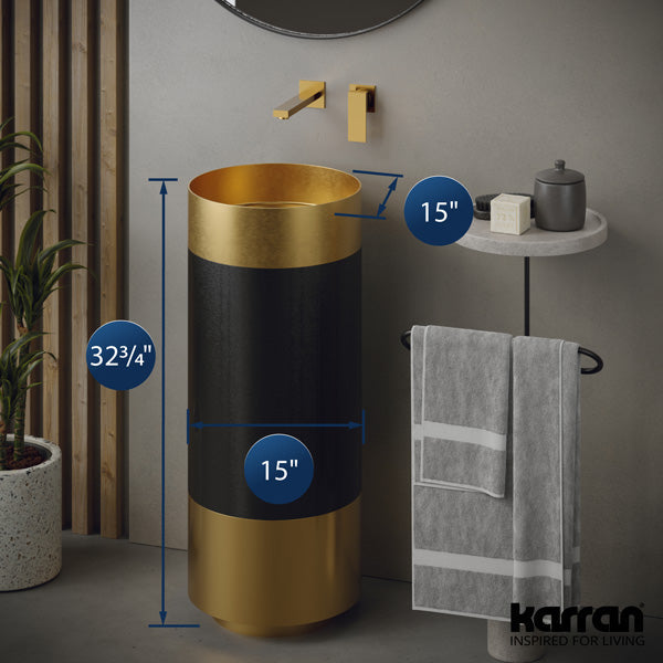 15" Pedestal Stainless Steel Bathroom Sink In Gold & Gunmetal Grey
