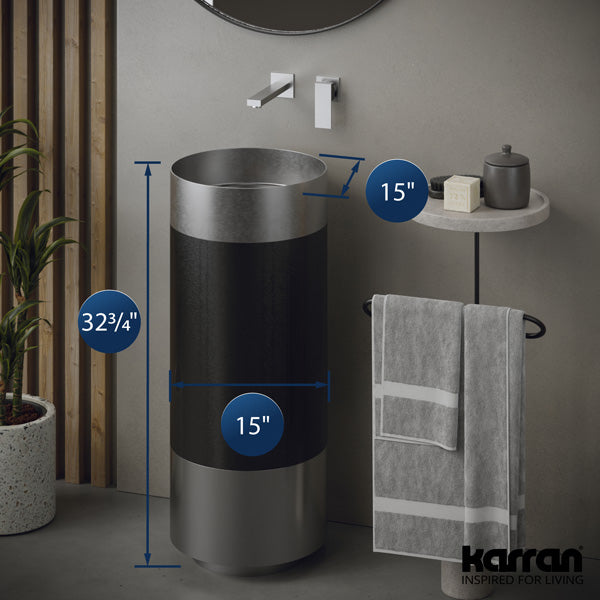 15" Pedestal Stainless Steel Bathroom Sink In Stainless Steel & Gunmetal Grey