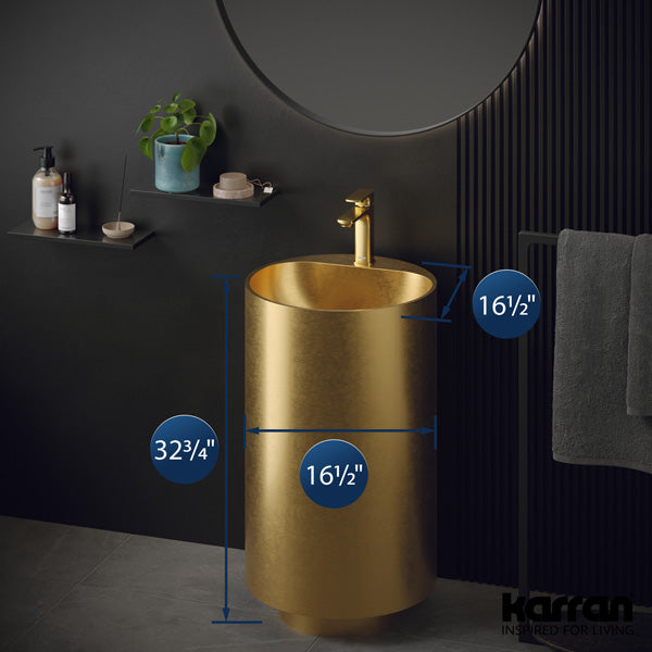 16-1/2" Pedestal Stainless Steel Bathroom Sink In Gold